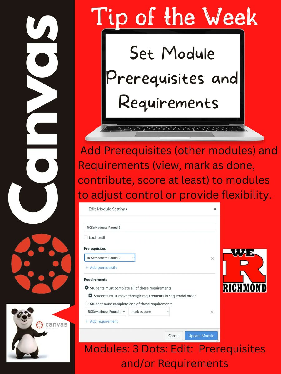 RCSLearn's tweet photo. @RCSLearn Canvas Tip of the Week! Set Module Prerequisites and Requirements to adjust control, increase flexibility, and improve the student experience! #RCSLearn #INCUE https://t.co/fshaXCe8q3
