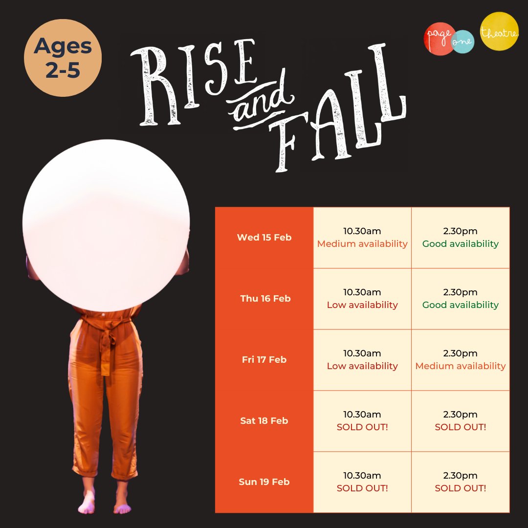 Rise and Fall is selling fast! 

Explore an ecosystem on balloons this Half Term in this playful &amp; relaxing show. The weekend is already SOLD OUT and others are not far behind. 

🎈 Wed 15 - Sun 19 Feb | Ages 2-5
🪐 Tickets £12*
🎫 bit.ly/3ixE1CW

<a href="/pageonetheatre/">Page One Theatre</a>