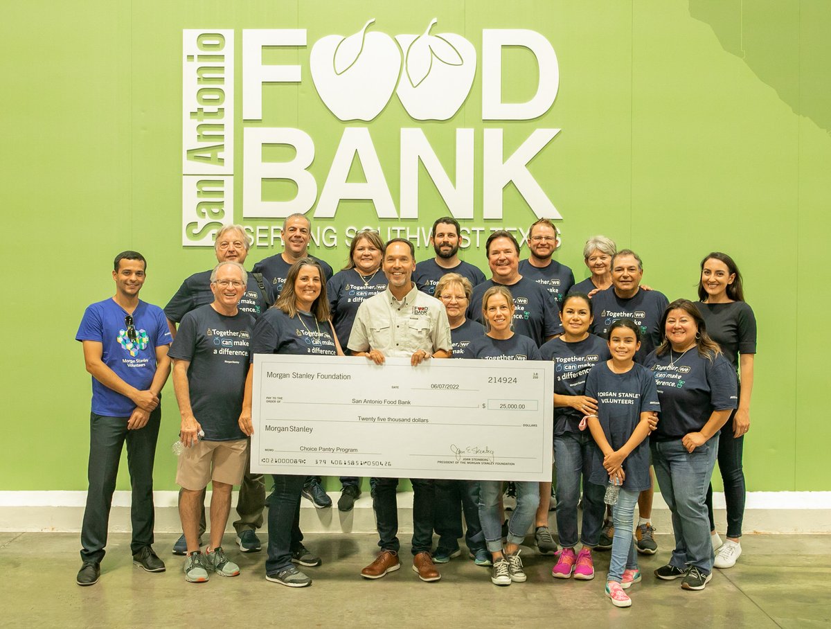 safoodbank's tweet photo. Thank you, @MorganStanley Foundation, for donating $25,000 to help us provide more food choices for families facing hunger in Southwest Texas! #MSGivesBack
@FeedingAmerica #feedingamerica #givemoney #safb https://t.co/JzCdZhZODJ