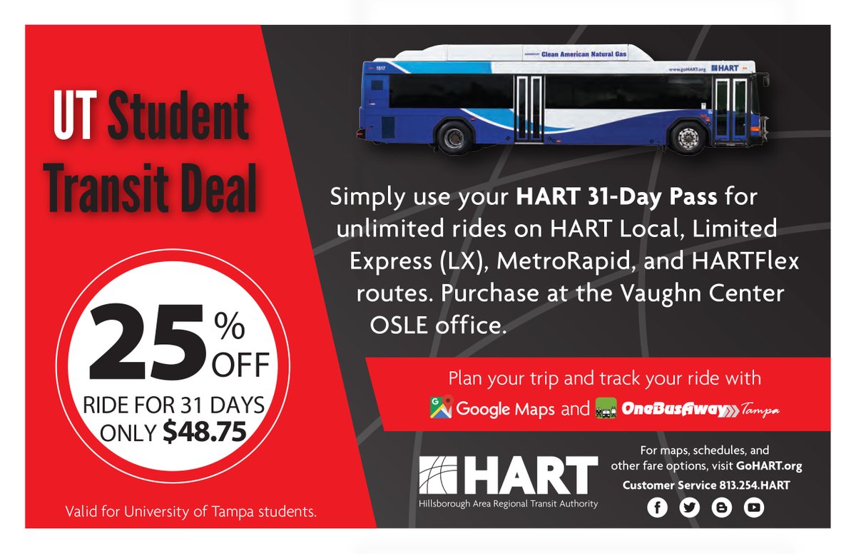 GoHART's tweet photo. Welcome back, @UofTampa Spartans! Did you know #UTampa students receive 25% off a HART 31-day pass? Purchase the pass at the Vaughn Center OSLE office.
MORE: https://t.co/BJuTJRLWZR #UTampa #UTampaBound https://t.co/kZbtI4ilhr