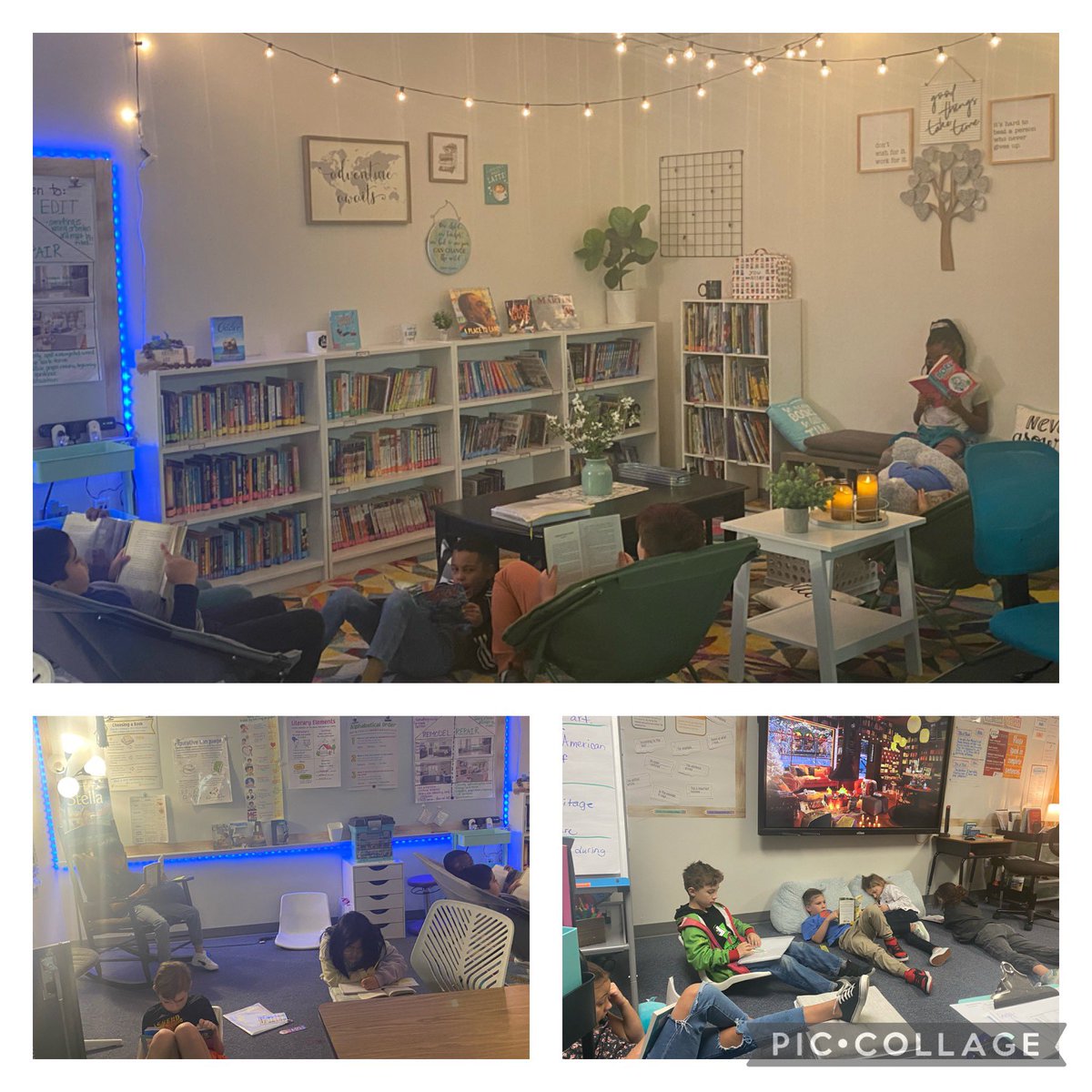 One of my most favorite times of the day - independent reading with cafe music, ambient lighting, and book clubs. #mymisdreads #slaughterstrong2223 <a href="/SlaughterES/">Slaughter Elementary</a> <a href="/SlaughterLC/">Slaughter Elem LC</a>