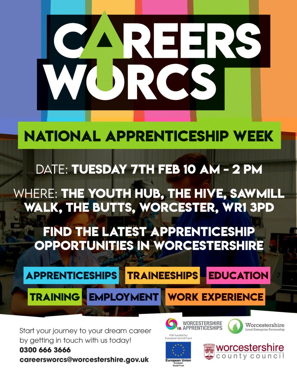 We can't wait for #NationalApprenticeshipWeek2023!

Join us at the Youth Hub in @TheHiveWorcs on Tues 7th Feb to get the ultimate lowdown on all the latest #apprenticeship opportunities in #Worcestershire. 

No need to book - just turn up & let us help you #startyourjourney!