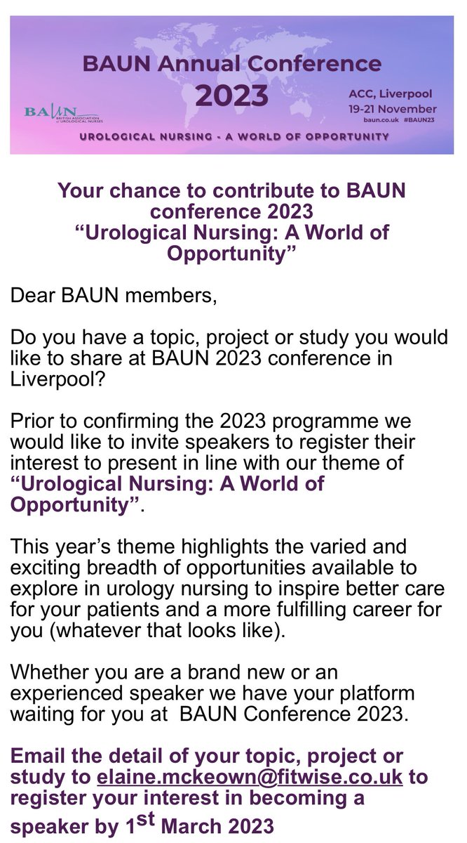 Call for speakers BAUN Conference 2023 “Urological Nursing : A World of Opportunity”