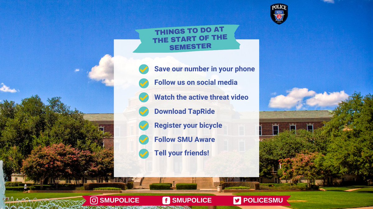 PoliceSMU's tweet photo. Mustangs! We are so excited to have you back for the start of the semester. Check out this thread for a list of things you can do to be prepared for the start of school! @SMU #PonyUp #SMU #SMUAware 
✅Bicycle registration - https://t.co/hjnyhqrKgQ. https://t.co/XK2F9WsjKQ