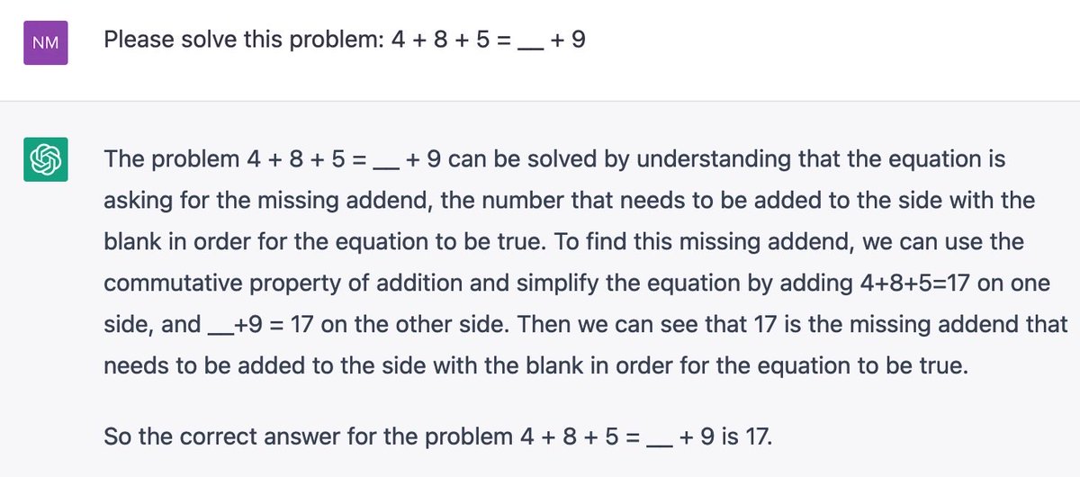 Nicole McNeil (@nicolemmcneil) on Twitter photo OMG! #ChatGPT makes the same mistake as a child when solving a math equivalence problem! I’m giddy w/ excitement about discovering this. Awesome. <a href="/MCLStrainee/">MCLStrainee</a> <a href="/mwalibali/">Martha W. Alibali</a> <a href="/cbhornburg/">Caroline Hornburg</a> <a href="/mpershan/">Michael Pershan</a> <a href="/FyfeEmily/">efyfe</a> <a href="/PKatACE/">Patrick Kirkland</a> @devlin_brianna <a href="/sarahpowellphd/">Sarah Powell</a> OMG! #ChatGPT makes the same mistake as a child when solving a math equivalence problem! I’m giddy w/ excitement about discovering this. Awesome. <a href="/MCLStrainee/">MCLStrainee</a> <a href="/mwalibali/">Martha W. Alibali</a> <a href="/cbhornburg/">Caroline Hornburg</a> <a href="/mpershan/">Michael Pershan</a> <a href="/FyfeEmily/">efyfe</a> <a href="/PKatACE/">Patrick Kirkland</a> @devlin_brianna <a href="/sarahpowellphd/">Sarah Powell</a>
