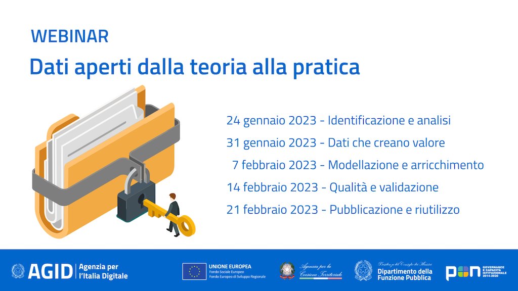 DatiGovIT's tweet photo. 📰Linee guida #opendata e riutilizzo dei dati e delle informazioni pubbliche. Nuovo ciclo di webinar a partire dal prossimo 24 gennaio 2023.
📋Per saperne di più leggi la news su https://t.co/vDEVFXXGtj 👇
https://t.co/WxXWXmCB40 
📌Iscrizioni e programma 
https://t.co/92rCt6NYTa https://t.co/TONPdqRQn1
