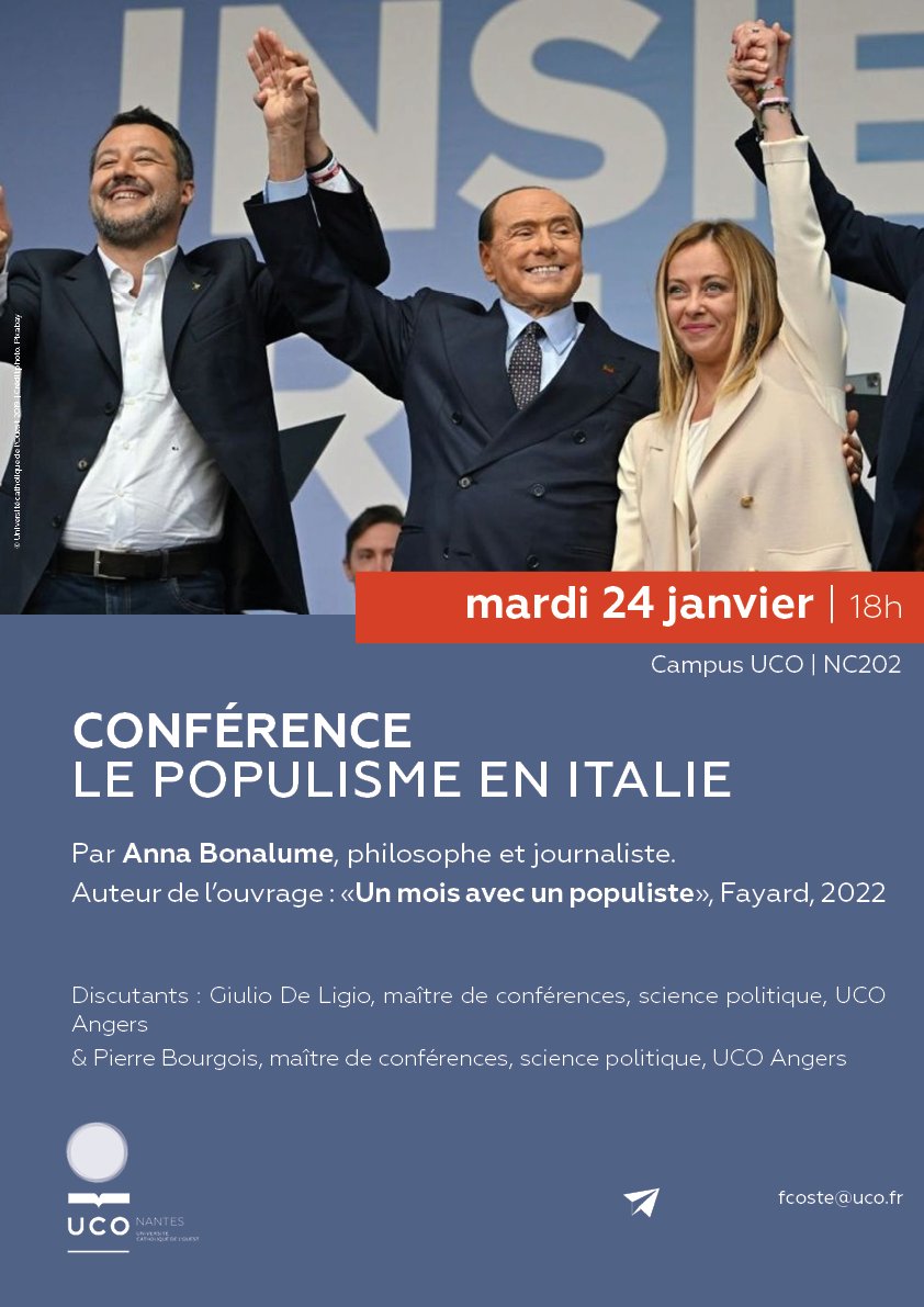 [SAVE THE DATE] Conférence en Science politique "Le populisme en Italie" par la philosophe et journaliste Anna B.
👉 Mardi 24 janvier à 18h en amphi NC202.