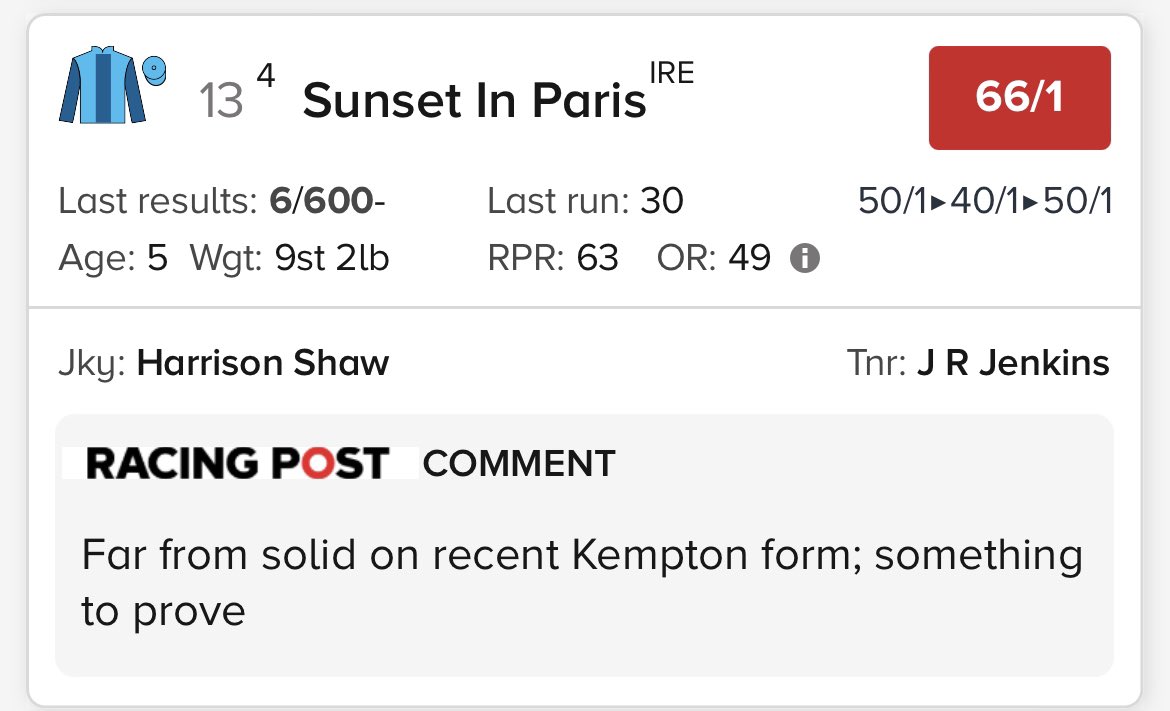 shaw_harrison's tweet photo. One ride tonight at @Southwell_Races #SunsetInParis runs at ⏰6.15pm for @RacingJenkins the very best of luck to the team today #HS #goodluck 🤞🤞🤞 https://t.co/SB9kXEafvb