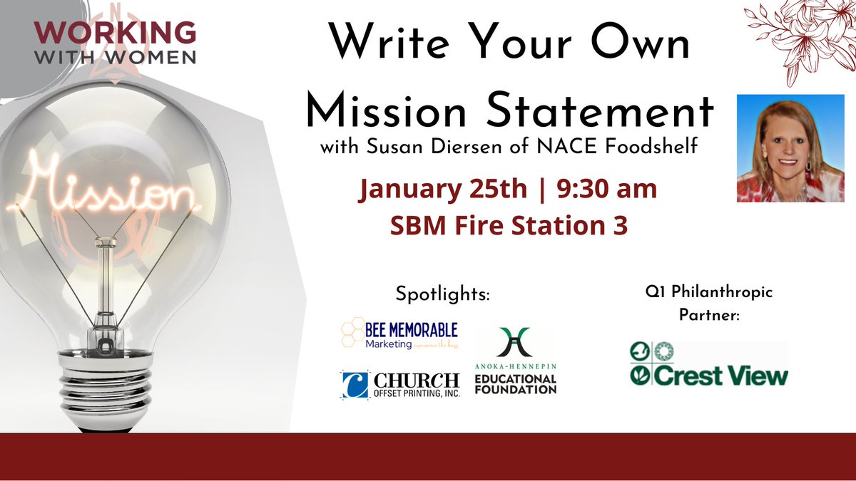 MetroNorthChamb's tweet photo. Your business has a mission statement, but do you? Learn how to write a personal mission statement from Susan Diersen of @NACEfoodshelf at next Wed's #WorkingwithWomen. Start the year off strong! #inform #educate #connect https://t.co/GC5LTGiS30