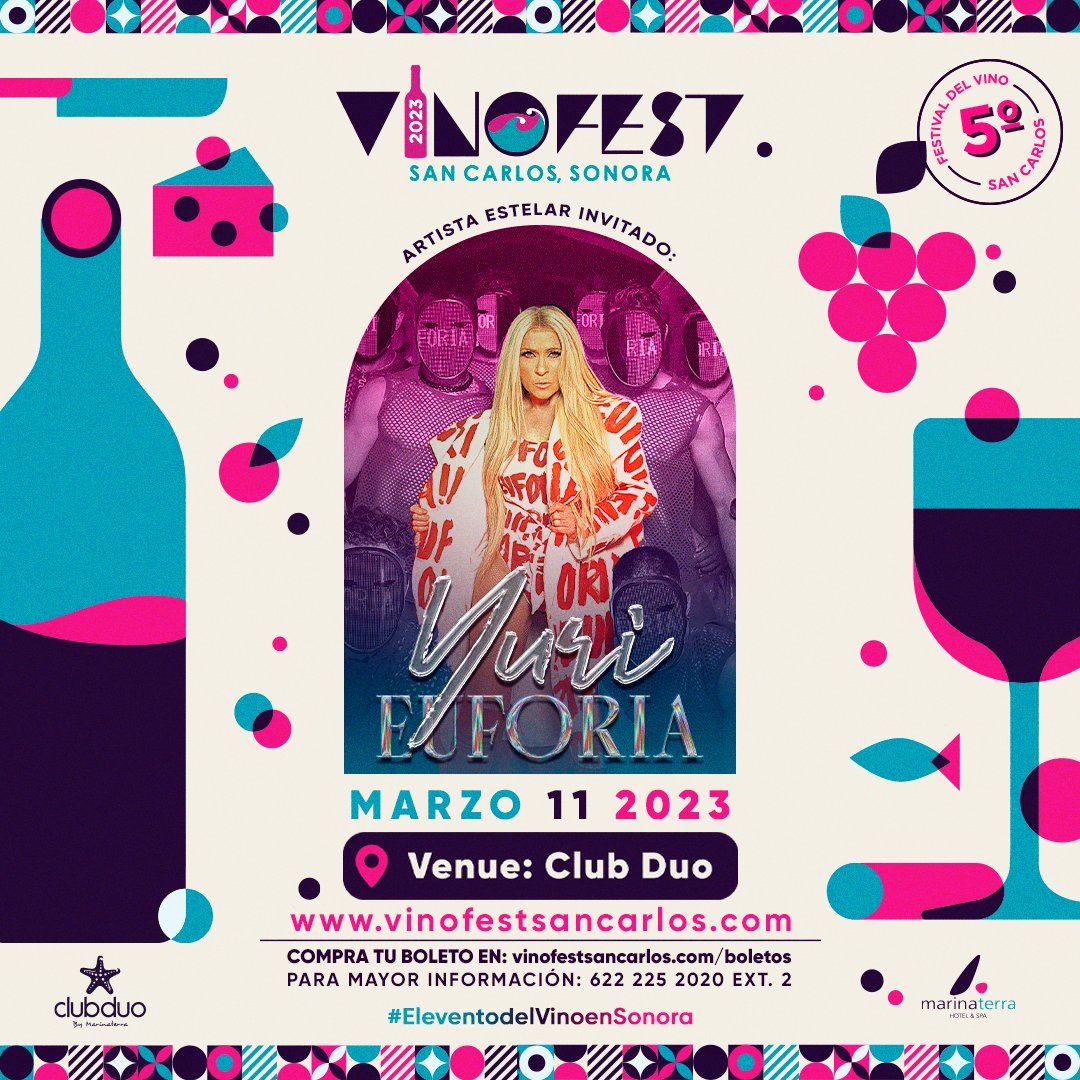 Es un honor invitarlos al Vino Fest 2023 🍤🍷🤩 
¡ya tiene fecha e invitado especial!
Con nuestras aristas estelar: <a href="/OficialYuri/">Yuri</a>  ✨
🗓️ 11/03/23📍 Club Duo <a href="/marinaterra_sc/">Marinaterra hotel</a> 
📌Boletos en: vinofestsancarlos.com/boletos

#EleventodelVinoenSonora #sancarlossonora #vinofest