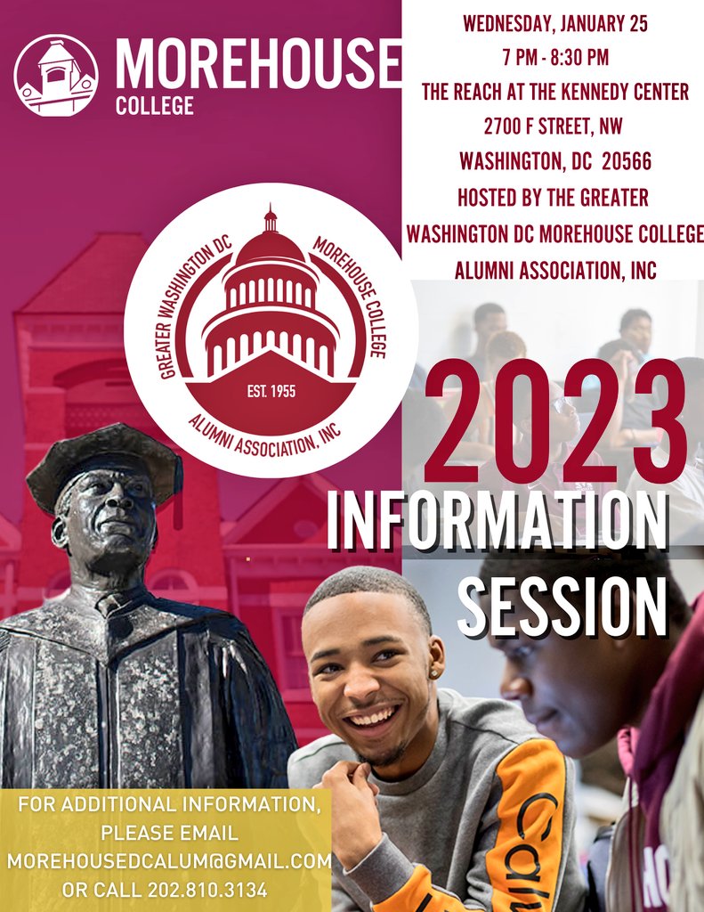 MorehouseDCalum's tweet image. Next Wed, Jan 25, 2023 at 6:30 PM at @kencen #TheReach learn about enrollment at @Morehouse RSVP at  morehousedcalum@gmail.com @OSSEDC @DC_CAP @curtiseveryday @RealMenTeach2  @WHI_HBCUs @DCHBCU @HBCUCouncil @ASBCHBCUFest @councilofdc @AyizeS @UNCF @hbcu @HBCUBuzz @DCEdFund