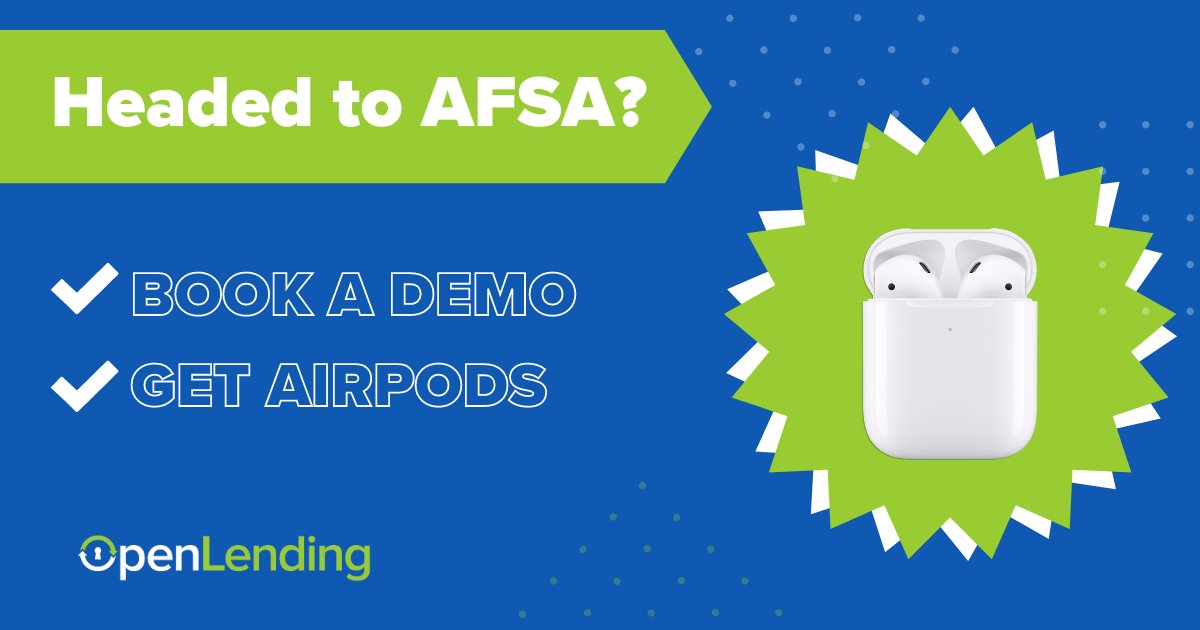 We want to meet you next week at AFSA's 2023 Vehicle Finance Conference.  Set up a demo NOW to get a free set of  AirPods and learn how partnering with Open Lending can help you get ahead in 2023! Sign up here: hubs.li/Q01ymjQZ0

#openlending #lendersprotection #AFSA
