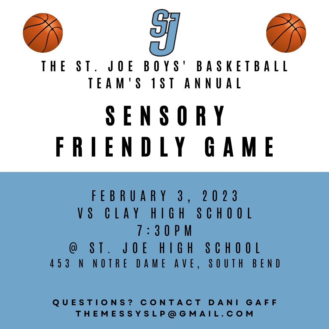 SJhoopsquad's tweet photo. 📣 St. Joe Boys’ Basketball team is excited to announce they’re hosting a Sensory Friendly Game 🎉
📅 February 3rd
⏰ 7:30pm
🏀 vs Clay
This is an opportunity for community members with sensory needs to have a sensory friendly space to go to enjoy the game! 
More info to come https://t.co/waDSiLlSpk