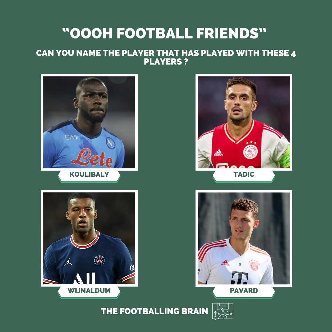 WHO AM I? 🕵️‍♂️
FOOTBALL FRIENDS 👍

Can you name the only player to have played with these 4 players in their career? ⚽️🧠

#WhoAmI #FootballQuiz #FootballTrivia #Football #PremierLeague #Quiz #Trivia