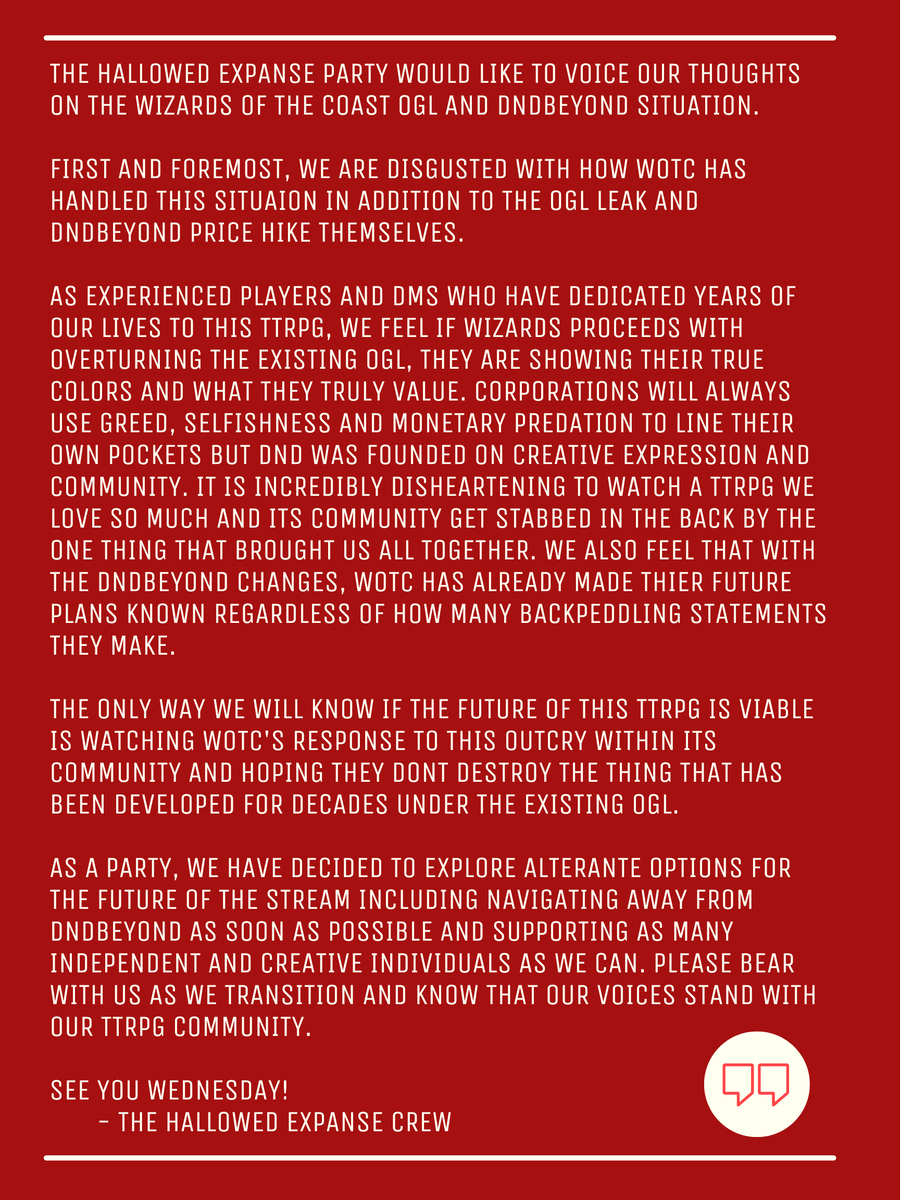 A message from The Hallowed Expanse -
#OpenDnD #DnDBegone #StopTheSub #WotC