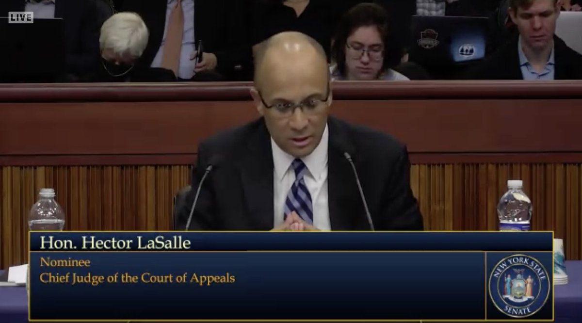 JoeSpectorNY's tweet photo. LaSalle going right after critics, saying he stands on the shoulders of other Latino pioneers.

"Our goal must be to provide equal justice for all," he says, saying too often the courts have marginalized communities. https://t.co/cY1dOHRh0s