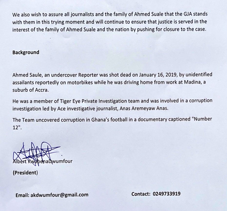 The Ghana Journalists Association (GJA), has called on the Police to expedite action on the murder case of Ahmed Suale, an undercover Reporter who was shot dead on January 16, 2019, by unidentified assailants.

#GhanaNewsAgency #GNA