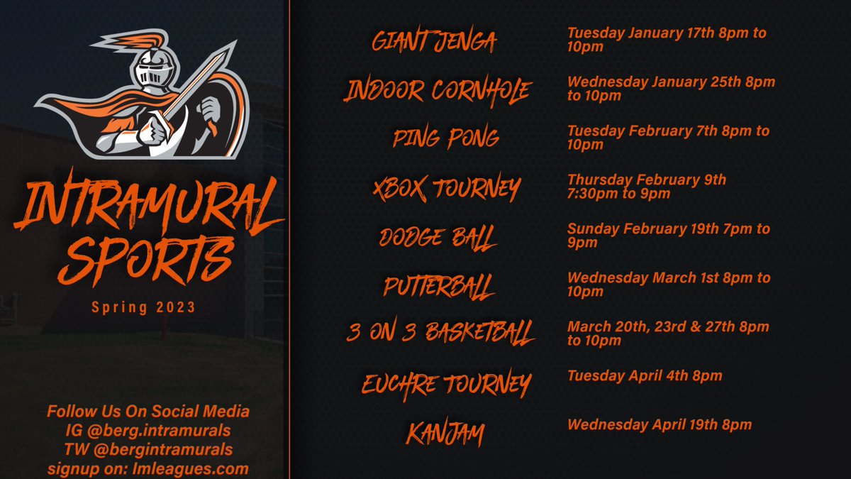 BERGIntramurals's tweet image. Please take a look at our new schedule. Some changes have been made. Be aware we will have a 3 on 3 basketball tournament after we come back from spring break. Start planning your teams because its coming really close. See you guys there!
