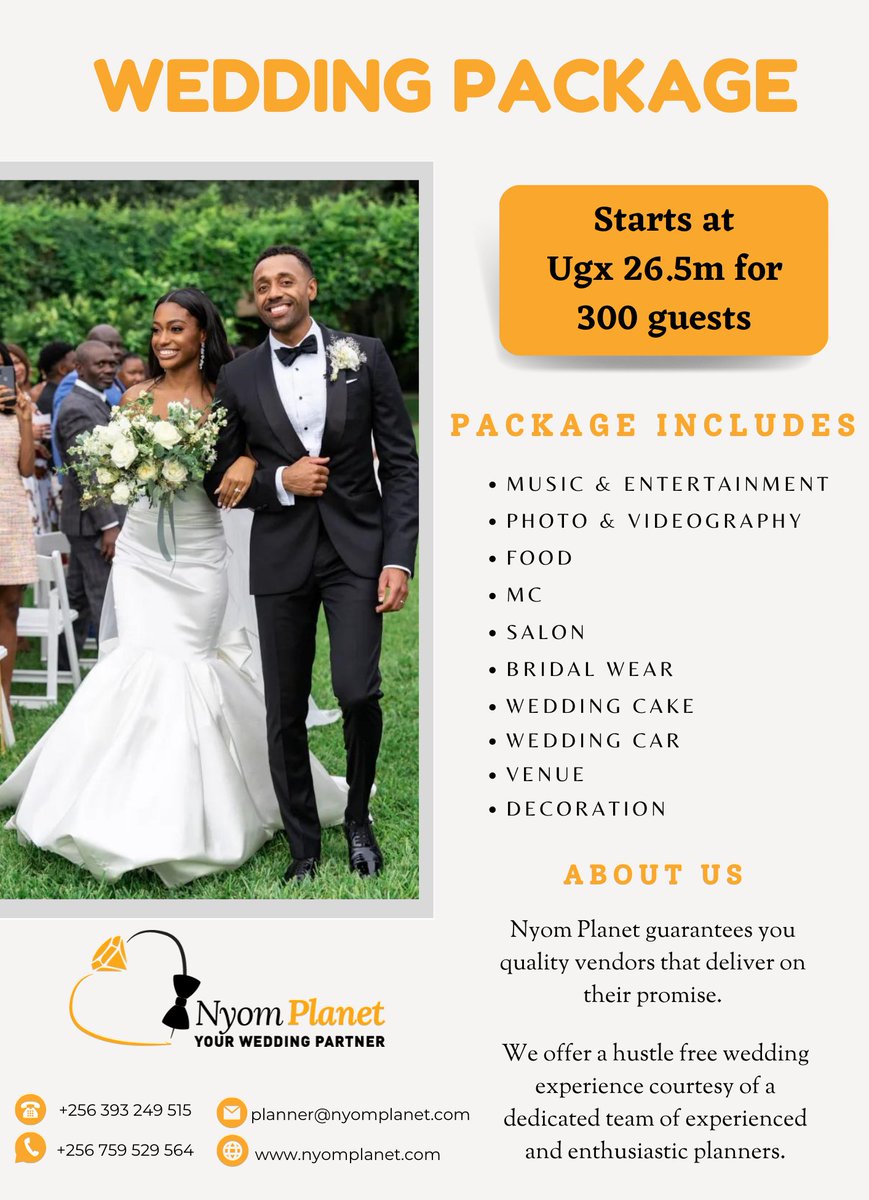 NyomPlanet's tweet photo. Budget-friendly wedding packages that create lasting memories. Book any package of your choice NOW!
Just relax and let's make your dream wedding happen.
WhatsApp/call +256759529564/ +256(0)393249515 to book now!
#weddingplanner #weddings #uganda #weddingpackages #budgetwedding https://t.co/IExj1psApy