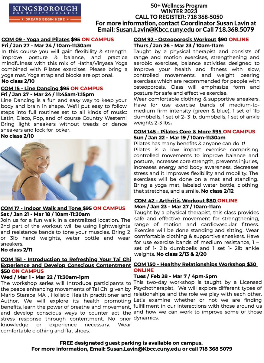 Kingsborough's Workforce Development &amp; Continuing Education has the courses, programs and trainings for you! Check out the 50+ Wellness Program Winter 2023 offerings. For more information, contact Susan Levin at Susan.Lavin@kbcc.cuny.edu or call 718-368-5050.
