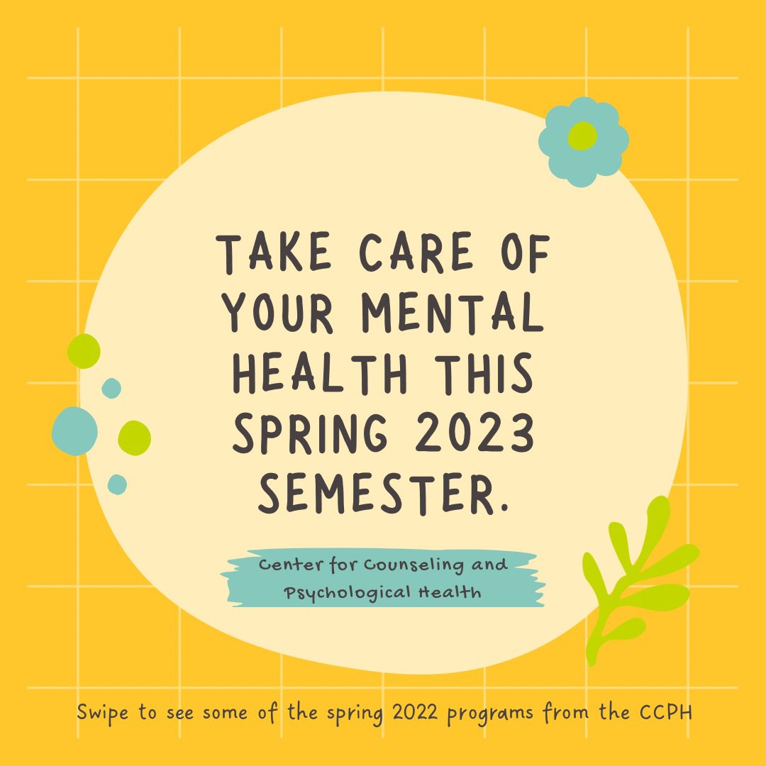 esl_umass's tweet photo. Take care of your mental health this spring 2023 semester and visit the Center for Counseling and Psychological Health (CCPH) if you’re in need of support. Find out more information and services at https://t.co/wjGAezZ04q.
#umass #umassamherst #eslprogram #mentalhealth https://t.co/kKF4ssuuci