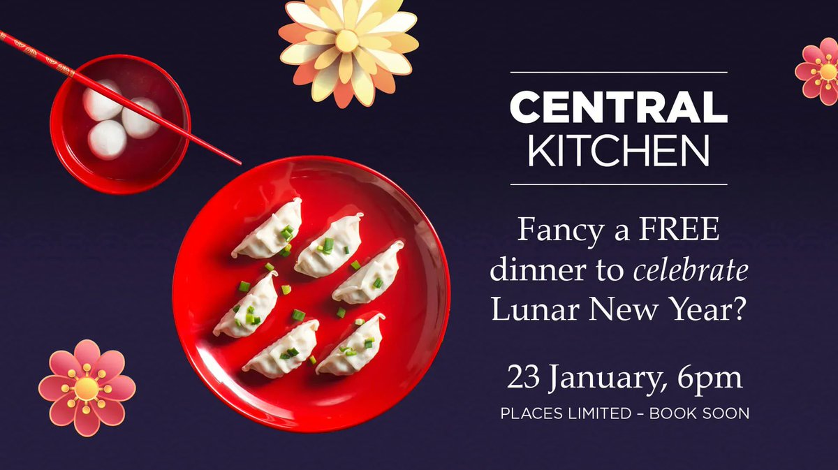 📢 Come on over to CENTRAL Kitchen on Monday 23rd January and enjoy a FREE dinner to celebrate Lunar New Year!

Enjoy some traditional Chinese food to welcome the Year of the Rabbit 🐇

Book your place here 👉 buff.ly/3XluUEI

Limited number of places available.
