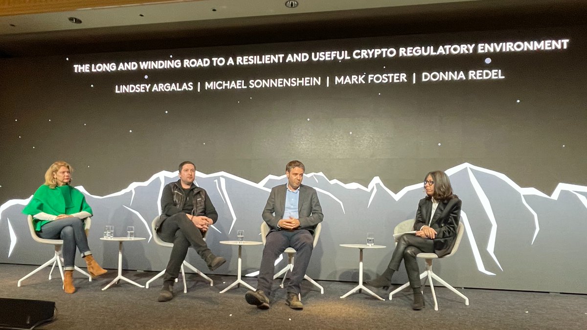 Grayscale's tweet image. On a recent panel at @CFCstmoritz, @Sonnenshein discussed how building bipartisan, bicameral support for sensible crypto regulation will be key for navigating the "long and winding road" ahead. #cfcstmoritz