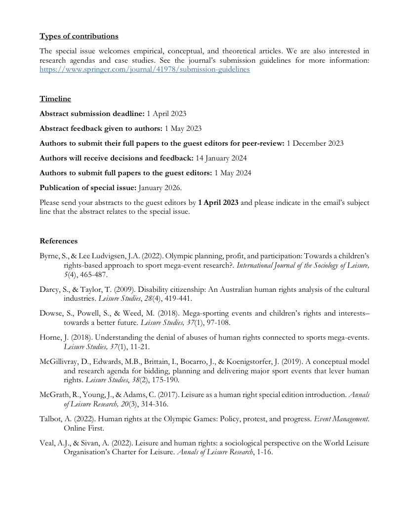 seamusobeirn's tweet photo. ***CALL FOR PAPERS***
@jaludvigsen and I are pleased to announce this interdisciplinary call for papers exploring ‘Human Rights &amp; Leisure: Welfare, Well-Being &amp; Social Justice’ in @IJSociologyLeis Details below. https://t.co/dGLOh100SG