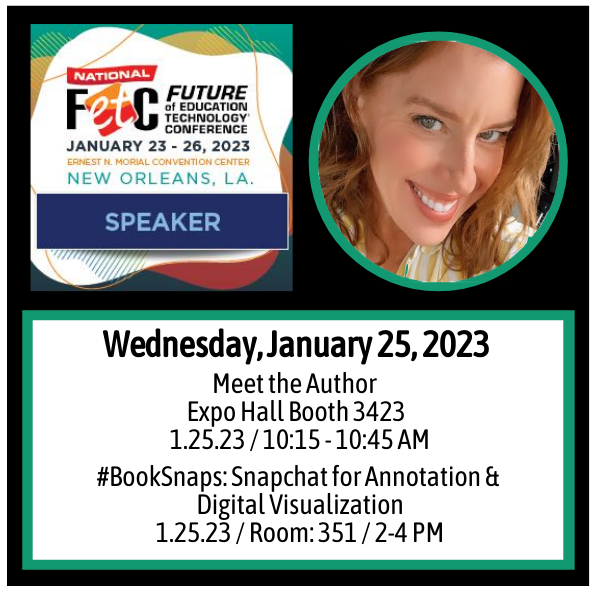 TaraMartinEDU's tweet image. Headed to NOLA at FETC 2023 in just a few days! EEEK! @fetc

Come see me—1.25.23 for some meet-the-author fun in the expo in the AM &amp;amp; a #BookSnaps sesh that afternoon.

Register:
bit.ly/comeseemeatfetc
Use my special code FETCSPEAKER23 to get 10% off.
#tlap #dbcincbooks #RealEdu
