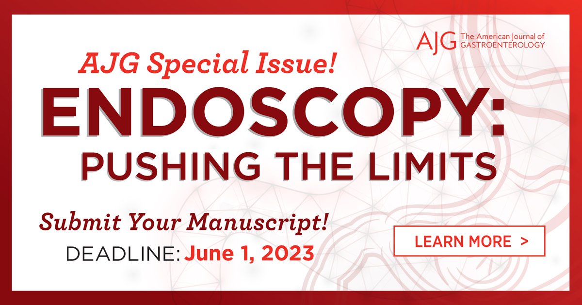 AmJGastro's tweet photo. 📢CALL FOR PAPERS #Endoscopy: Pushing the Limits
📕#RedJournal Special Issue
☑️Clinically relevant human research examining tools & techniques used in diagnostic & therapeutic practice
☑️Quality measures
☑️Economics of endoscopy
🗓️Deadline: June 1st
➡️https://t.co/tYPuVmWFxO https://t.co/iQy6DDv0o7