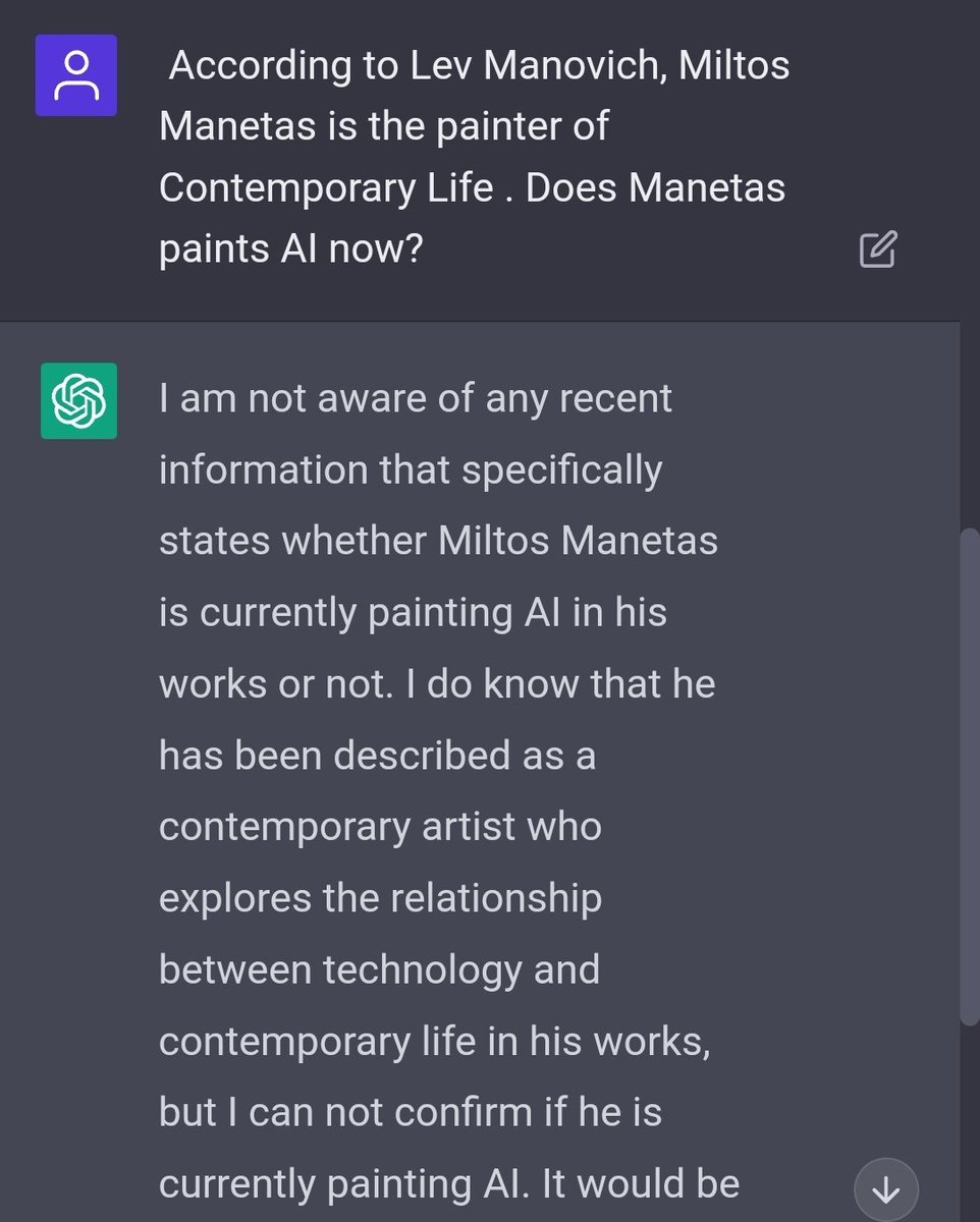 Miltos's tweet image. According to #LevManovich, Miltos Manetas is the painter of Contemporary Life . Does he paints AI now?
#ChatGTP: I do know that he explores the relationship between technology and contemporary life, but I can not confirm if he is currently painting AI.