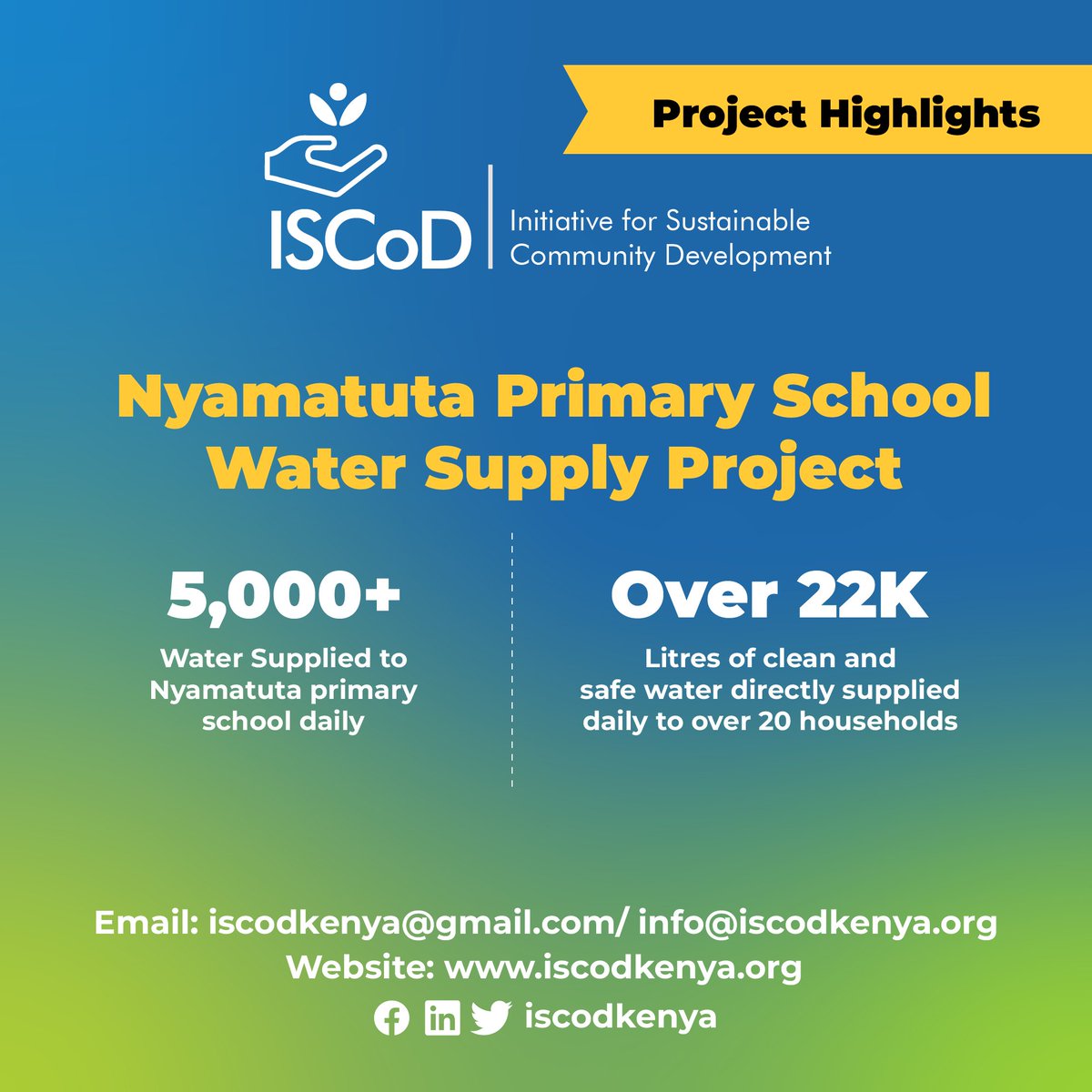 IscodKenya's tweet photo. #ProjectHighlights

Let's begin the year, 2023 by sharing highlights from some of our projects in 2022.

Water Supply to Nyamatuta Primary School, Kitutu Chache South Constituency, Kisii County

For Enquiries and Partnerships
Email: iscodkenya@gmail.com or info@iscodkenya.org https://t.co/vV4BFLL4I4