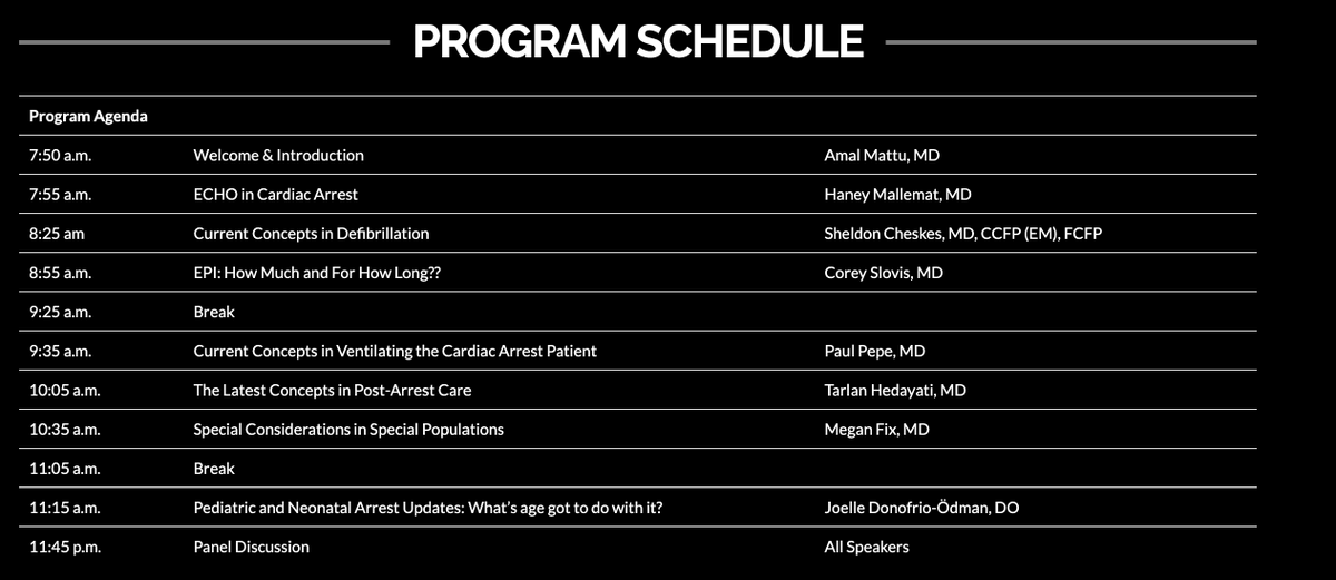 Docbond007's tweet image. Registration is open for the Eighth Annual
EMERGENCY CARDIOLOGY SYMPOSIUM
“Managing Cardiac Arrest: The Cutting Edge” Free Virtual Event Small fee for CME Register at ecs.umem.org
@amalmattu @CriticalCareNow @DrMeganFix @CoreySlovis @HedayatiMD @PEMEMS @UMEmergencyMed