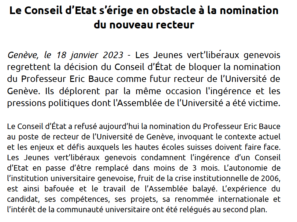 jvl_ge's tweet photo. 📢Blocage de la nomination du recteur de l'Université de Genève @UNIGEnews 📢

👉 Les JVL genevois regrettent la décision du Conseil d’État de bloquer la nomination du Prof. Eric Bauce et déplorent l'ingérence et les pressions politiques dont l'Assemblée a été victime. https://t.co/qyhw2vgRj9
