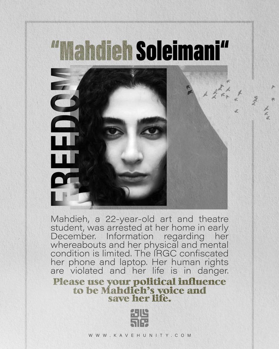 5ogand's tweet image. #MahdiehSoleimani was arrested at her home in early December. Information regarding her whereabouts and her physical and mental condition is limited.

Please use your political influence to be Mahdieh’s voice and save her life.

#MahsaAmini 
#IRGCterrorists