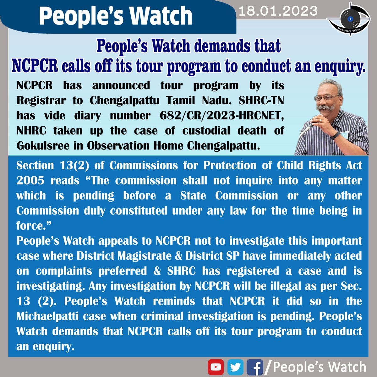 peopleswatch's tweet photo. People’s Watch demands that NCPCR calls off its tour program to conduct an enquiry.
@NCPCR_ @CMOTamilnadu @mkstalin @rnadh @geethajeevandmk @arivalayam @tnpoliceoffl @SP_chengalpattu @Northzone_smc #SHRC #valarmathiIAS #Sylendrababu https://t.co/JnZsJFun5T