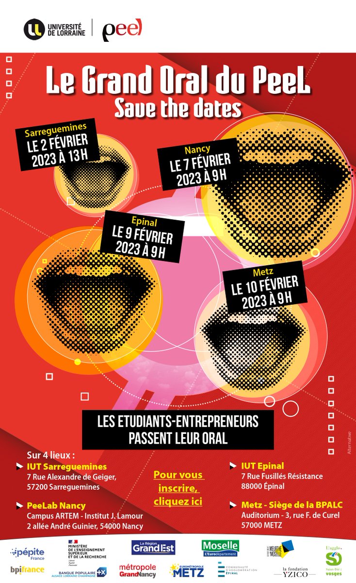 Venez challenger votre projet ou nos Étudiants-Entrepreneurs lors du Grand Oral du PeeL. 

Inscrivez-vous avant le 30 janvier !

- Pour pitcher : prendre contact avec votre chargé de projets.
- Pour assister à un/plusieurs événements : 
forms.gle/jzpYPjprebNQc5…
#Entrepreneur 

‌