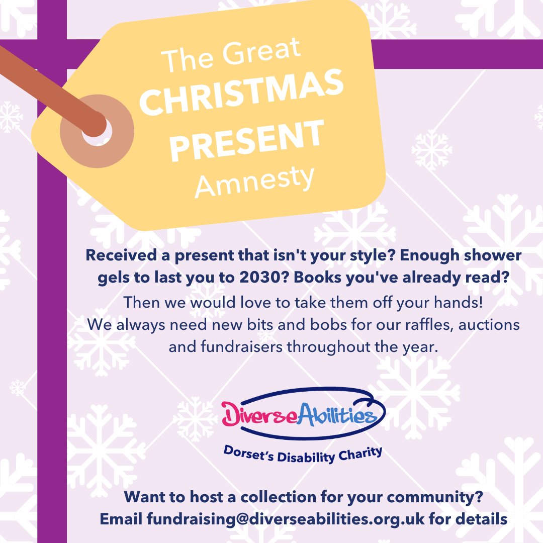 Received a Christmas present you won't use? Books you've already read? Chocolate or biscuits you won't eat? Why not donate them in our Christmas Present Amnesty? We'll use them for raffles, auctions and fundraisers throughout the year 🎁 

Find out more: diverseabilities.org.uk/presentamnesty