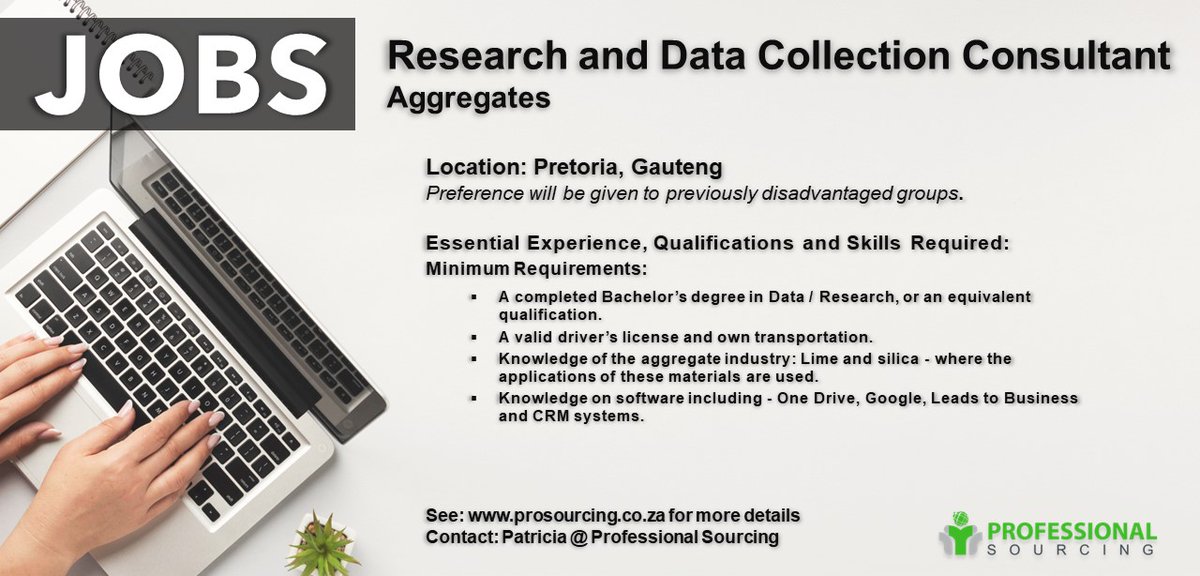 ProSourcingZA's tweet image. prosourcing.co.za/jobs/research-…

There is an exciting opportunity available to join a leading voice and advocate for the aggregates industry as a Research Consultant / Data Collector. 

#datacollector #JobSeekersSA #recruiting #jobsearch #prosourcing