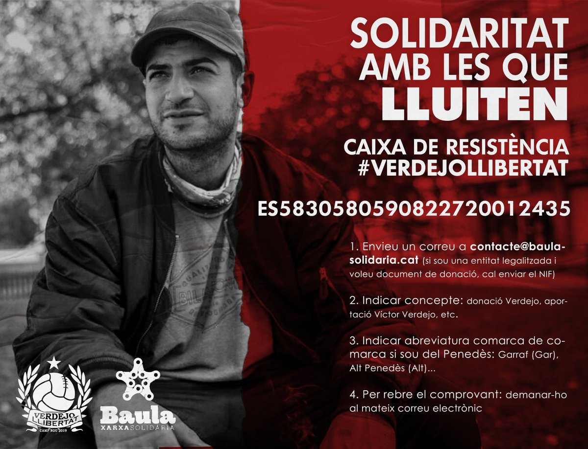 💥SOLIDARITAT AMB LES QUE LLUITEN.
A partir d'avui, activem una CAIXA DE RESISTÈNCIA per tal de fer front a les despeses judicials i multes que demanen a en Víctor Verdejo, condemnat a 3 anys.
Gràcies a <a href="/BaulaSolidaria/">Baula Xarxa Solidària</a> per l'ajuda.

ES5830580590822720012435

#VerdejoLlibertat
👇