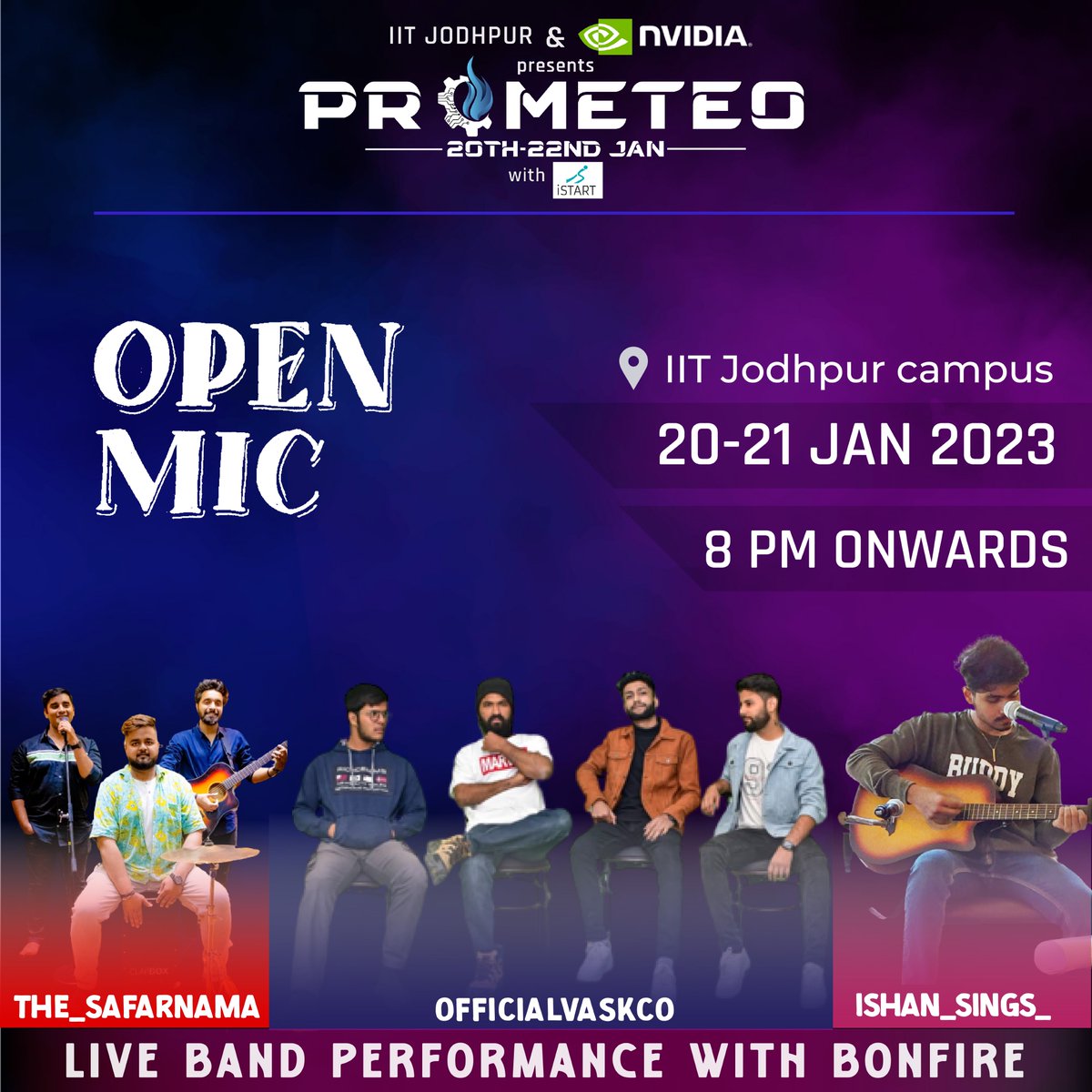 IITJ_Prometeo's tweet photo. We are here with a fun filled bonfire night along with some exciting open-mic performances coming from you all! Also experience some of the best music performances from the_safarnama, officialvaskco and ishan_sings_ prepared especially for you. https://t.co/xgBlnSa4IM