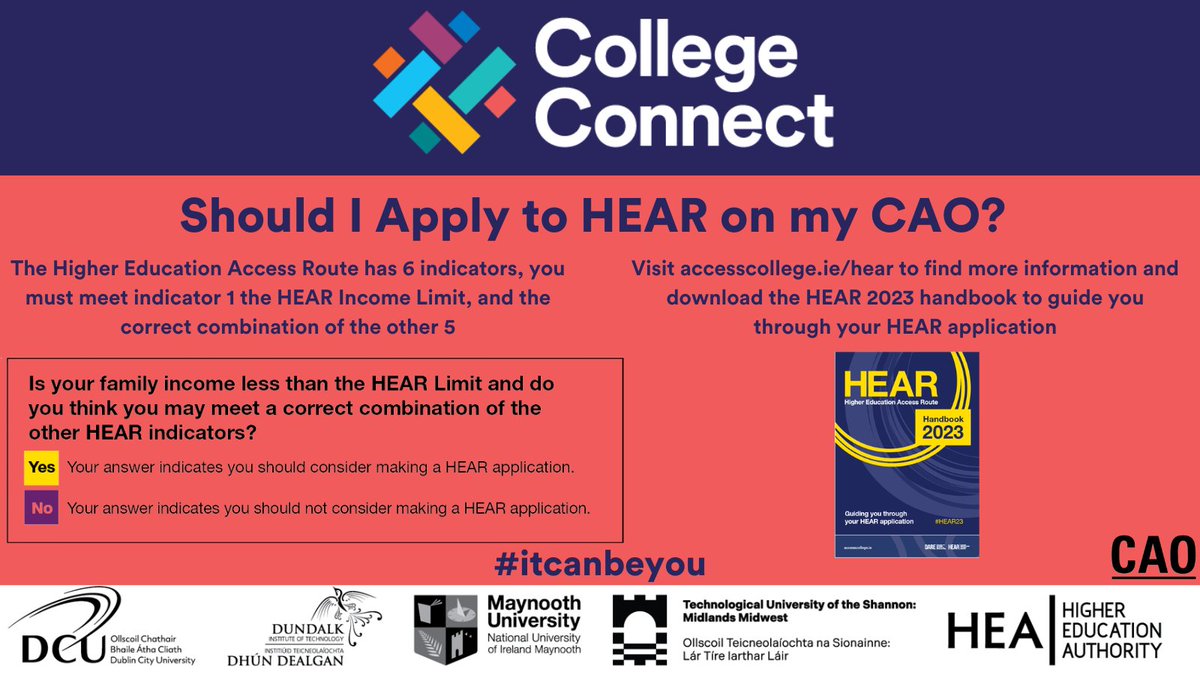 MEND_CC's tweet photo. If you come from a low-income household, attended a DEIS school or come from a disadvantaged area, you may be considered for extra college support through #HEAR 

Visit https://t.co/SAt5AziGAd to see if you can apply for #HEAR23 through your #CAO application
#accesscollege https://t.co/K5PDxVBhVk