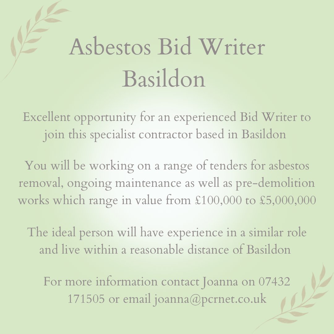 Excellent opportunity for an experienced Bid Writer in Basildon

#bidwriter #basildon #job #construction #demolition #asbestos #asbestosremoval #jobsinessex #predemolition #constructionjobs #demolitionjobs #asbestosjobs #hiring #jobs #recruiting #jobsinconstruction