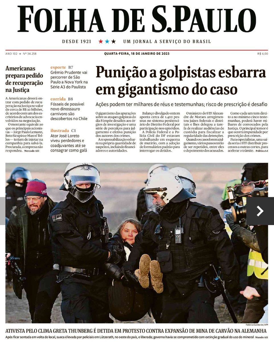 Maldade ou incompetência? Será que estou sendo paranoico? Como uma manchete que fala de punição a golpistas vem acompanhando a imagem de Greta presa? A conexão é automática enquanto que na verdade a garota é justamente o oposto do que são os manifestantes terroristas brasileiros.