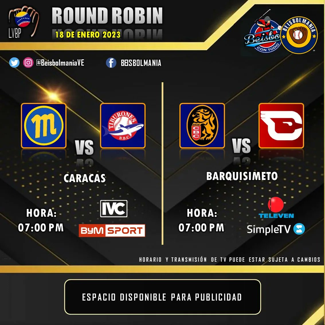 BeisbolmaniaVE's tweet photo. Round Robin #LVBP - #18Ene

#Magallanes VS #Tiburones / 07:00pm
#Lones VS #Cardenales / 07:00pm

CONSULTA ESPACI0S DISPONIBLES PARA PUBL!CIDAD EN NUESTRAS REDES SOCIALES PARA LA ETAPA DEL ROUND ROBIN

Somos #Beisbolmania en alianza con @BeisbolConTodo https://t.co/8lRyZ3dVYQ