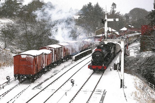 I’m a bit annoyed with DrS he decided to go to Tesco this morning and now I’ll be dotting around helping him. The weather is dreadful here brrr
1) John D railway and canal blog 
2) Two black fives. Taken above Kendal 
3)Battle of Lickey Bank 
4) Goathland Station. 4 Photographs