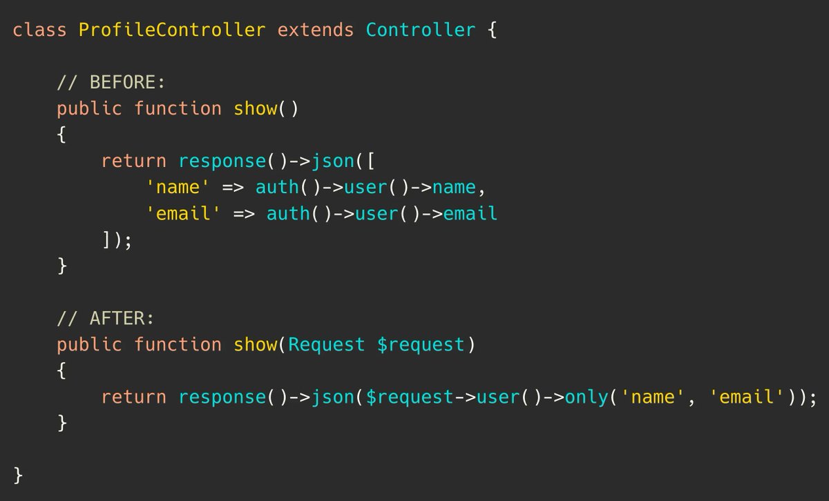 PovilasKorop's tweet photo. Laravel tip about $request->user(). 

So we've been working on the API course together with my colleague, and here's how my code (BEFORE) was improved by the teammate (AFTER).

Pretty cool. 
Though both ways work, personal preference. https://t.co/JYC25lHDyS