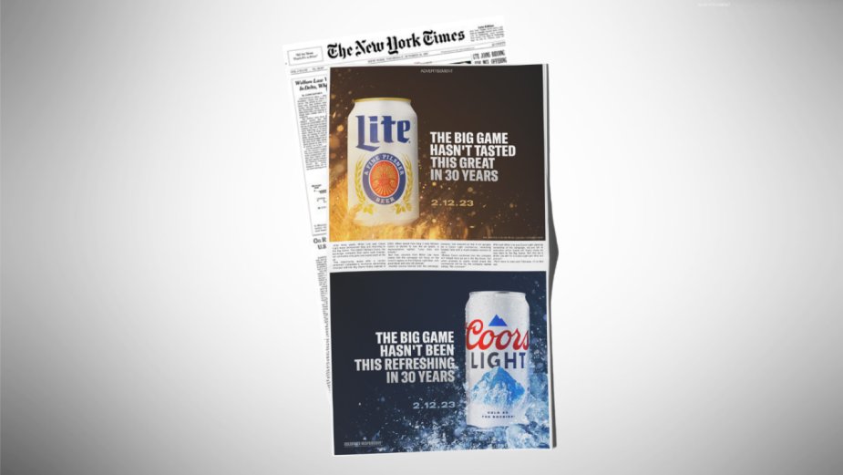LBBOnline's tweet photo. .@MolsonCoors’ New York Times ad and billboards hint that the brand will compete with @MillerLite for a spot at the Super Bowl after a 33-year absence, writes LBB's Ben Conway (@Benjamin_Conway). https://t.co/hzLajOhnE5 https://t.co/5DTFHgwJre