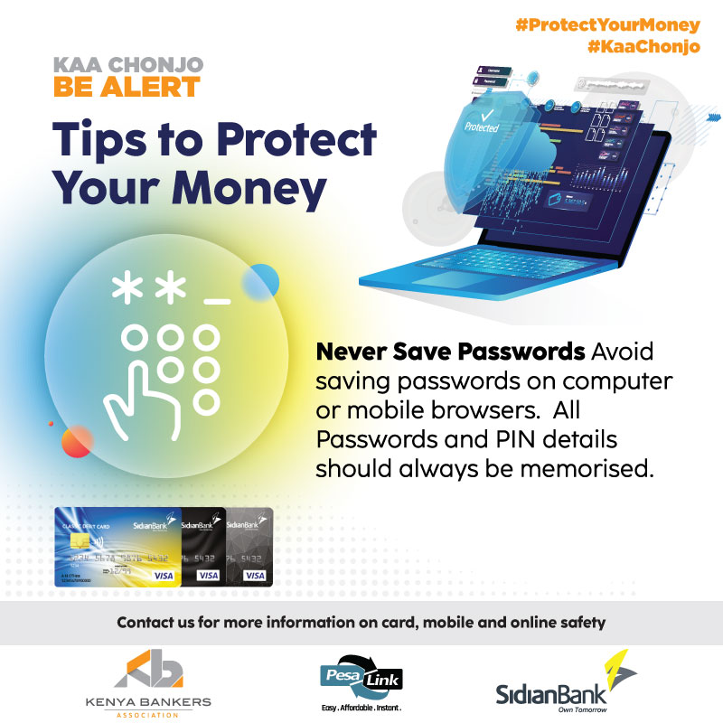 SidianBank's tweet photo. We know you have a lot on your mind and are tempted to save your passwords on your devices but usirisk! The safest way to save your PIN number is to memorize it.
#KaaChonjo #BankingTip #ProtectYourMoney https://t.co/jxrKSeTbMG