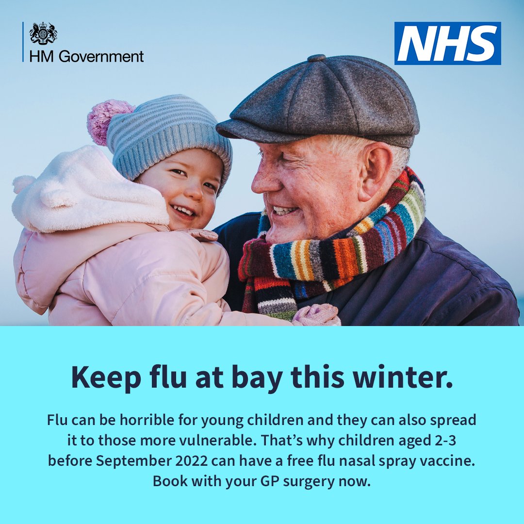 NHSuk's tweet photo. Flu can be horrible for young children and they can also spread it to those more vulnerable.

That's why children aged 2-3 before September 2022 can have a free flu nasal spray vaccine. Book now ➡️ https://t.co/xD9FNcA96x https://t.co/dPA8PeINiF